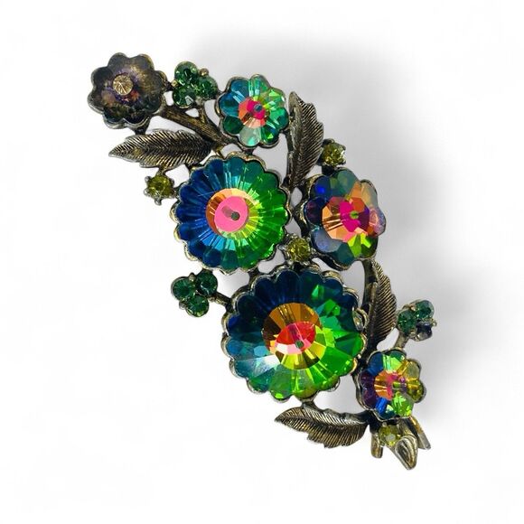 Vintage MCM Weiss Watermelon Rivoli Aurora Borealis Crystal Floral Brooch Pin - Picture 1 of 16